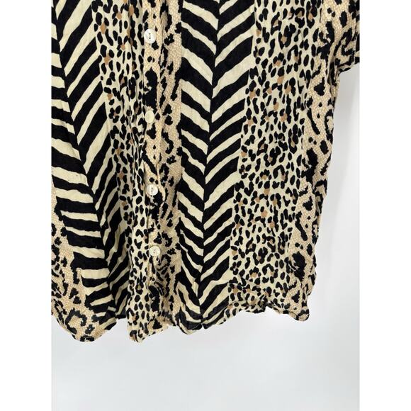 Vintage Point One Button Up Womens Large Beige Black Animal Print Short Sleeve - Picture 6 of 15